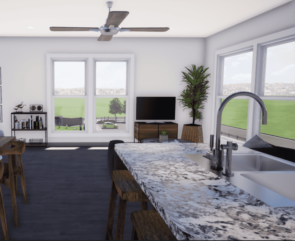 Open-concept living room at the Exchange Apartments on LaSalle in Waco, Texas.