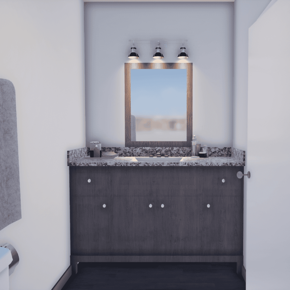 Bathroom vanity rendering at the Exchange Apartments on LaSalle in Waco, Texas.