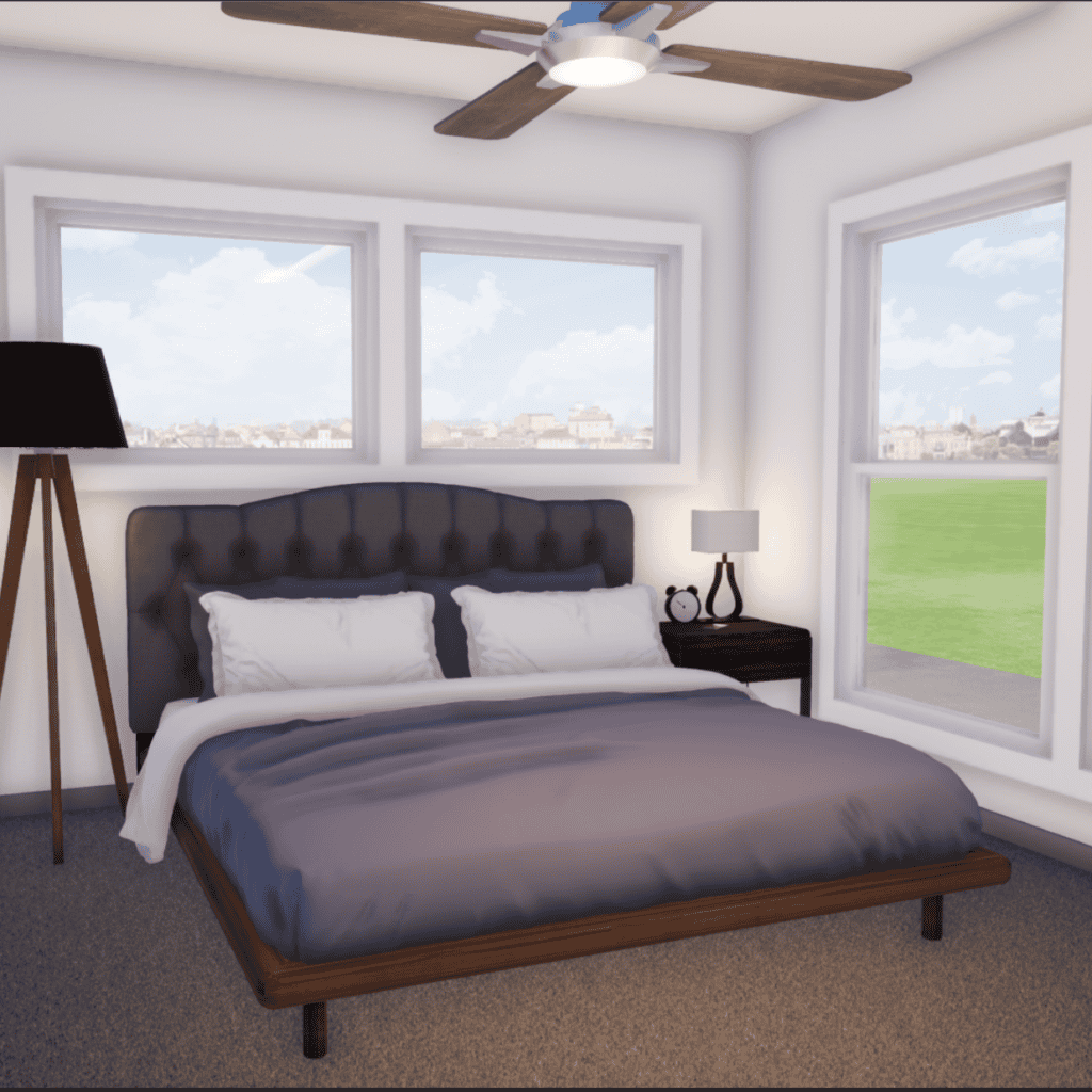 Bedroom rendering at the Exchange Apartments on LaSalle in Waco, Texas.