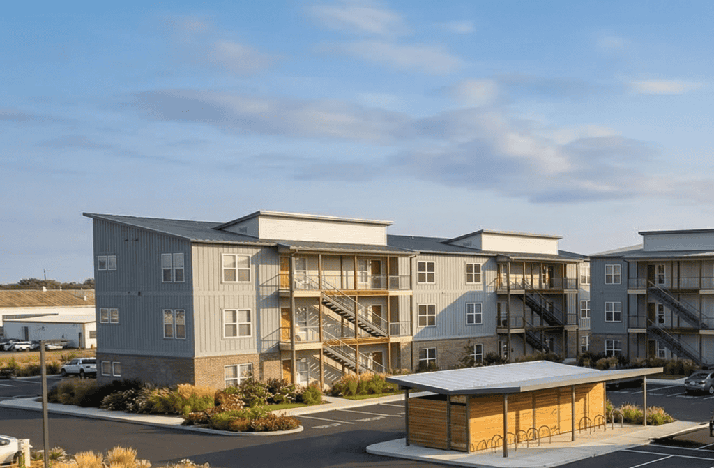 Rendering of exterior building at the Exchange Apartments in Waco, Texas.
